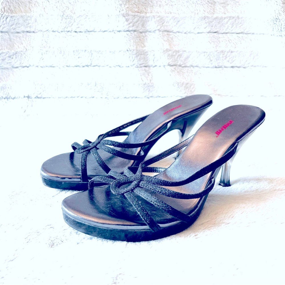 Seventeen Black Glitter Heels 8.5, black glitter, clear heel, 3.5" heel slide on